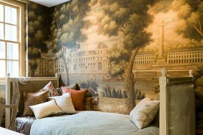 Город на реке Изображение старой городской набережной на стене спальни